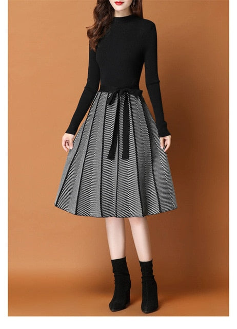Elegant Knitted Sweater pleated Dress Female Autumn Winter Dress Long Sleeve Sweater  Women Dress Office Lady Casual Midi Dress