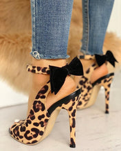 Load image into Gallery viewer, Women High Heel Leopard Bow Detail Thin Heele Women Shoes Peep Toe Ankle Strap Bow Design Cut Out Sexy Ladies Plus Size Pumps