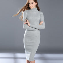 Load image into Gallery viewer, Women Autumn Winter Sweater Knitted Dresses Slim Elastic Turtleneck Long Sleeve Sexy Lady Bodycon Robe Dresses Vestidos