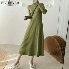 Load image into Gallery viewer, BGTEEVER Elegant Warm Half Turtleneck Ladies A-line Sweater Dress Full Sleeve Slim Waist Women Knitted Mid-Calf Vestidos Autumn