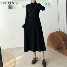 Load image into Gallery viewer, BGTEEVER Elegant Warm Half Turtleneck Ladies A-line Sweater Dress Full Sleeve Slim Waist Women Knitted Mid-Calf Vestidos Autumn
