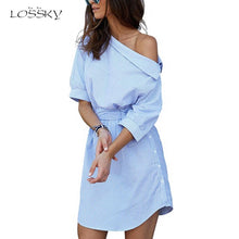 Load image into Gallery viewer, Women Blue Striped Dress Off Shoulder Half Sleeve Waistband 2020 Summer Sexy Party Mini Dresses Plus Size Vestido Beach Dress