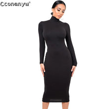 Load image into Gallery viewer, Winter Black Turtleneck Sexy Women Dress Autumn Long Sleeve Skinny Midi Boydcon Casual Blue Plush Knee-Length Party Club