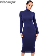 Load image into Gallery viewer, Winter Black Turtleneck Sexy Women Dress Autumn Long Sleeve Skinny Midi Boydcon Casual Blue Plush Knee-Length Party Club