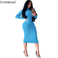 Load image into Gallery viewer, Winter Black Turtleneck Sexy Women Dress Autumn Long Sleeve Skinny Midi Boydcon Casual Blue Plush Knee-Length Party Club