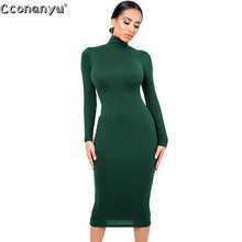 Load image into Gallery viewer, Winter Black Turtleneck Sexy Women Dress Autumn Long Sleeve Skinny Midi Boydcon Casual Blue Plush Knee-Length Party Club