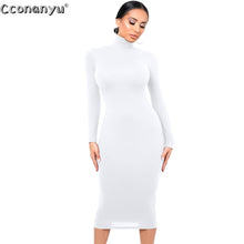 Load image into Gallery viewer, Winter Black Turtleneck Sexy Women Dress Autumn Long Sleeve Skinny Midi Boydcon Casual Blue Plush Knee-Length Party Club