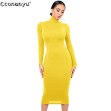 Load image into Gallery viewer, Winter Black Turtleneck Sexy Women Dress Autumn Long Sleeve Skinny Midi Boydcon Casual Blue Plush Knee-Length Party Club