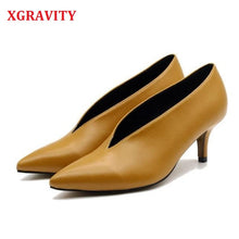 Load image into Gallery viewer, XGRAVITY 2021 Pop Star Pointed Toe Girl Thin Heel Woman Shoes Deep V Design Lady Fashion Shoes Elegant European Women Shoes C264