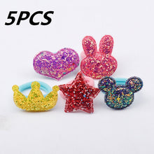 Load image into Gallery viewer, 1/5/12 Pcs Shiny Glitter Elastic Hair Band Heart Star Hair Tie Kids Korean Hair Rope Crwon Kawaii Kids Rabbit Hair Accessories