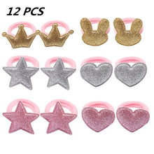 Load image into Gallery viewer, 1/5/12 Pcs Shiny Glitter Elastic Hair Band Heart Star Hair Tie Kids Korean Hair Rope Crwon Kawaii Kids Rabbit Hair Accessories