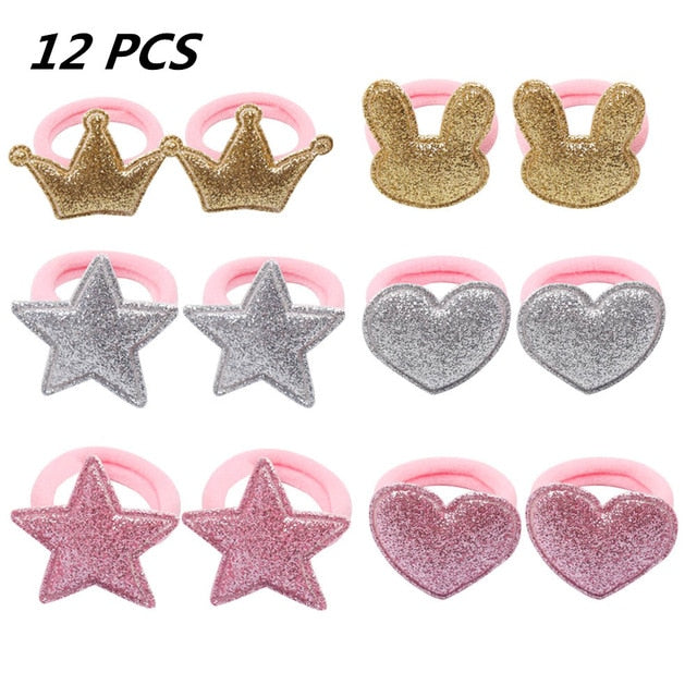 1/5/12 Pcs Shiny Glitter Elastic Hair Band Heart Star Hair Tie Kids Korean Hair Rope Crwon Kawaii Kids Rabbit Hair Accessories