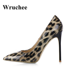 Load image into Gallery viewer, Wruchee  high heels shoes woman leopard patent pointed toe  women's shoes  12cm thin heels